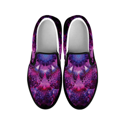 Purple Mandala Flower Print Black Slip On Shoes
