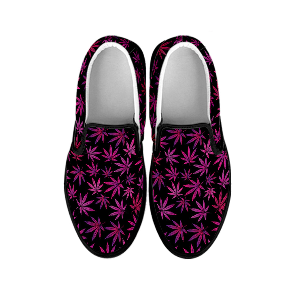 Purple Marijuana Leaf Pattern Print Black Slip On Shoes