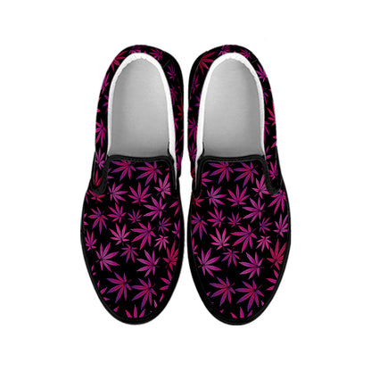 Purple Marijuana Leaf Pattern Print Black Slip On Shoes