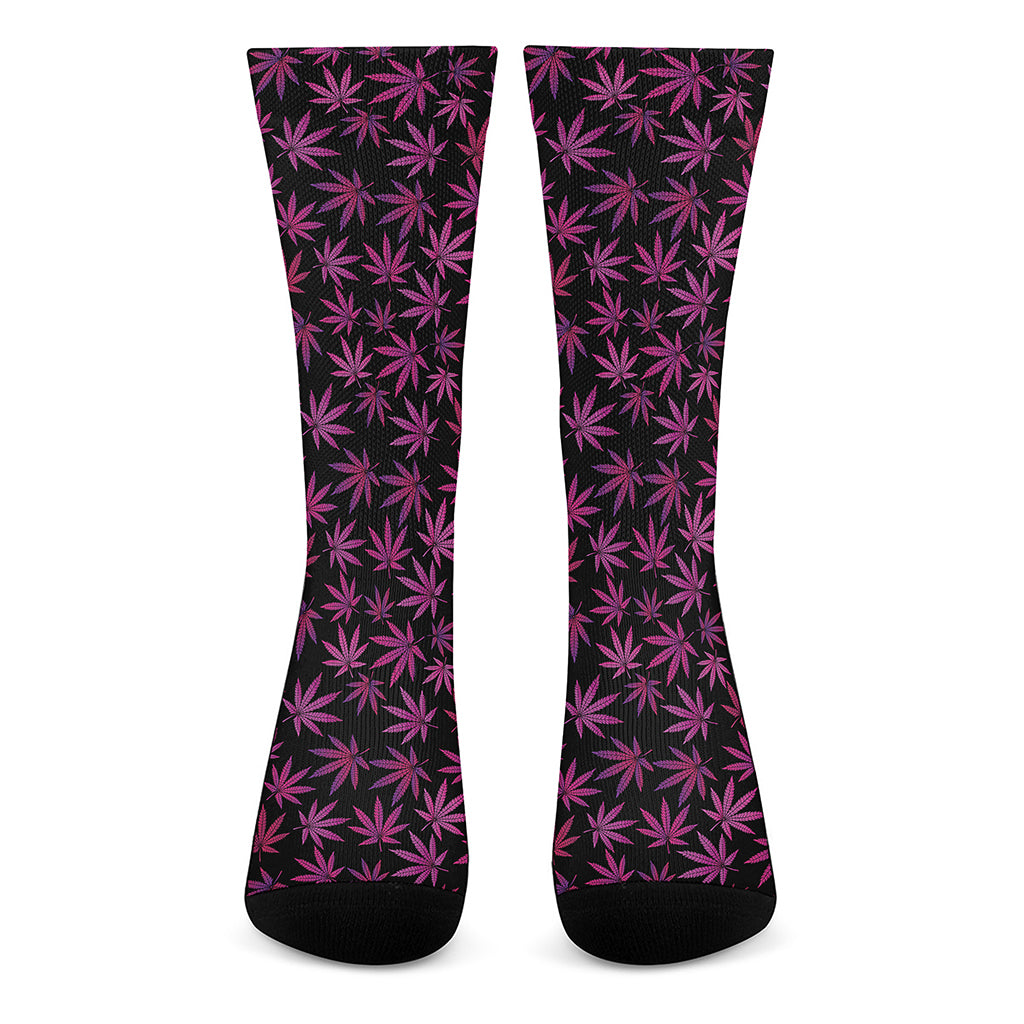 Purple Marijuana Leaf Pattern Print Crew Socks