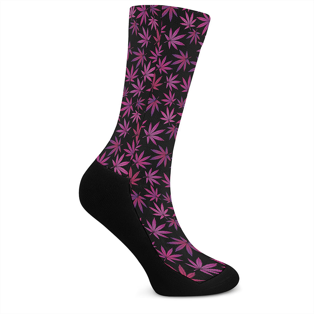 Purple Marijuana Leaf Pattern Print Crew Socks