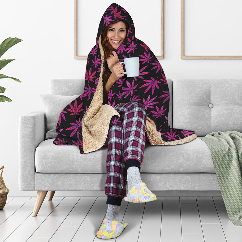 Purple Marijuana Leaf Pattern Print Hooded Blanket