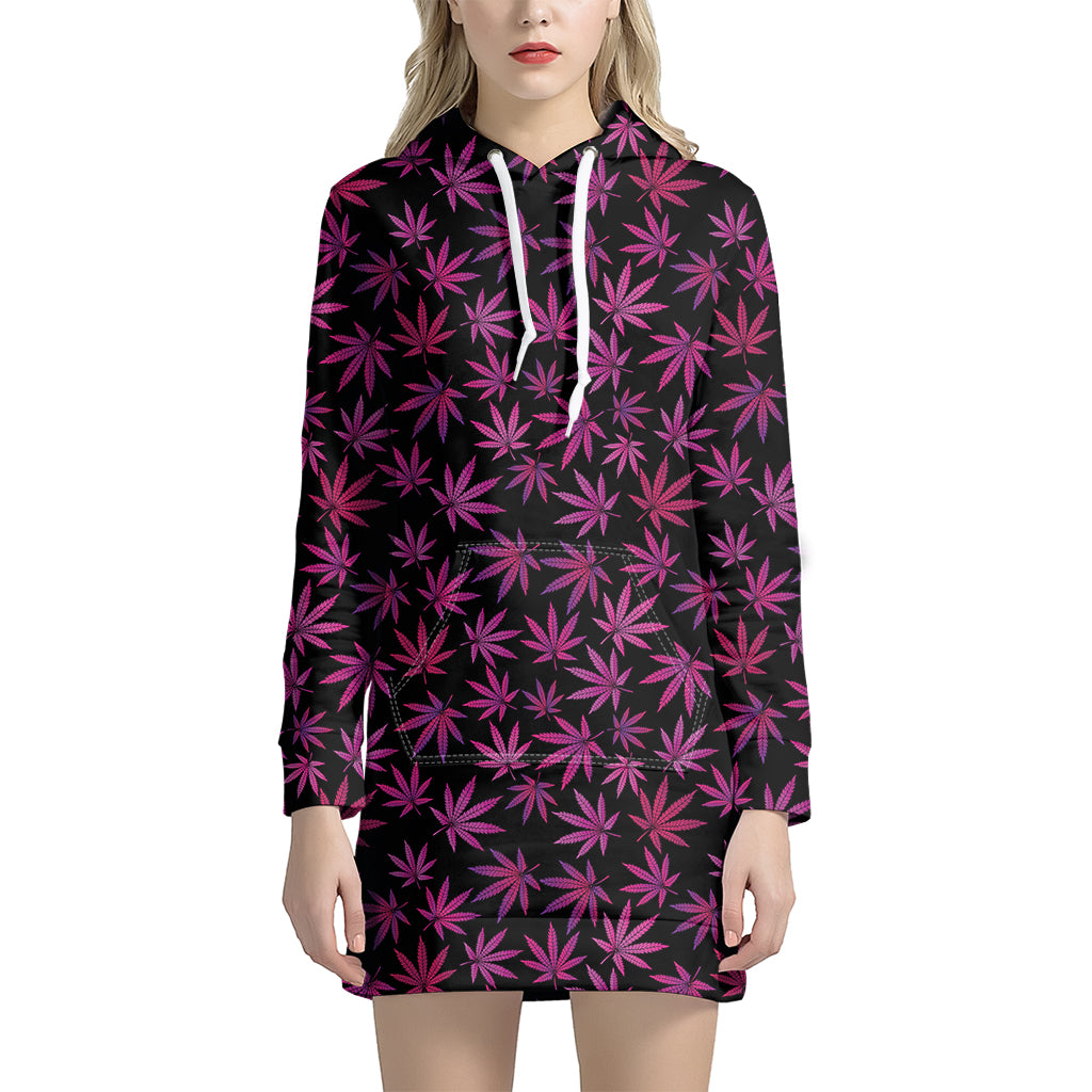 Purple Marijuana Leaf Pattern Print Hoodie Dress
