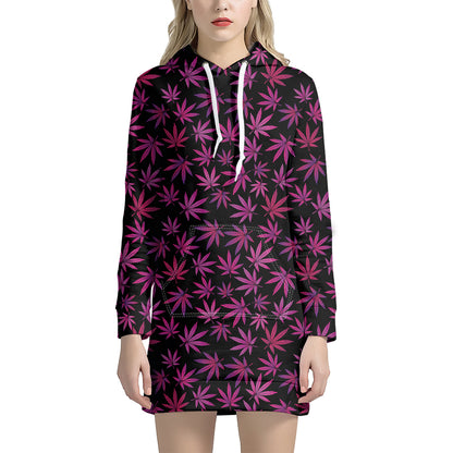 Purple Marijuana Leaf Pattern Print Hoodie Dress