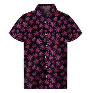 Purple Marijuana Leaf Pattern Print Men's Short Sleeve Shirt