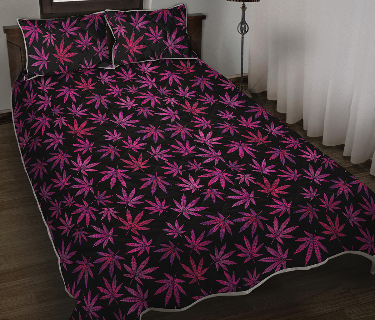 Purple Marijuana Leaf Pattern Print Quilt Bed Set