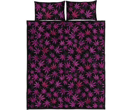 Purple Marijuana Leaf Pattern Print Quilt Bed Set