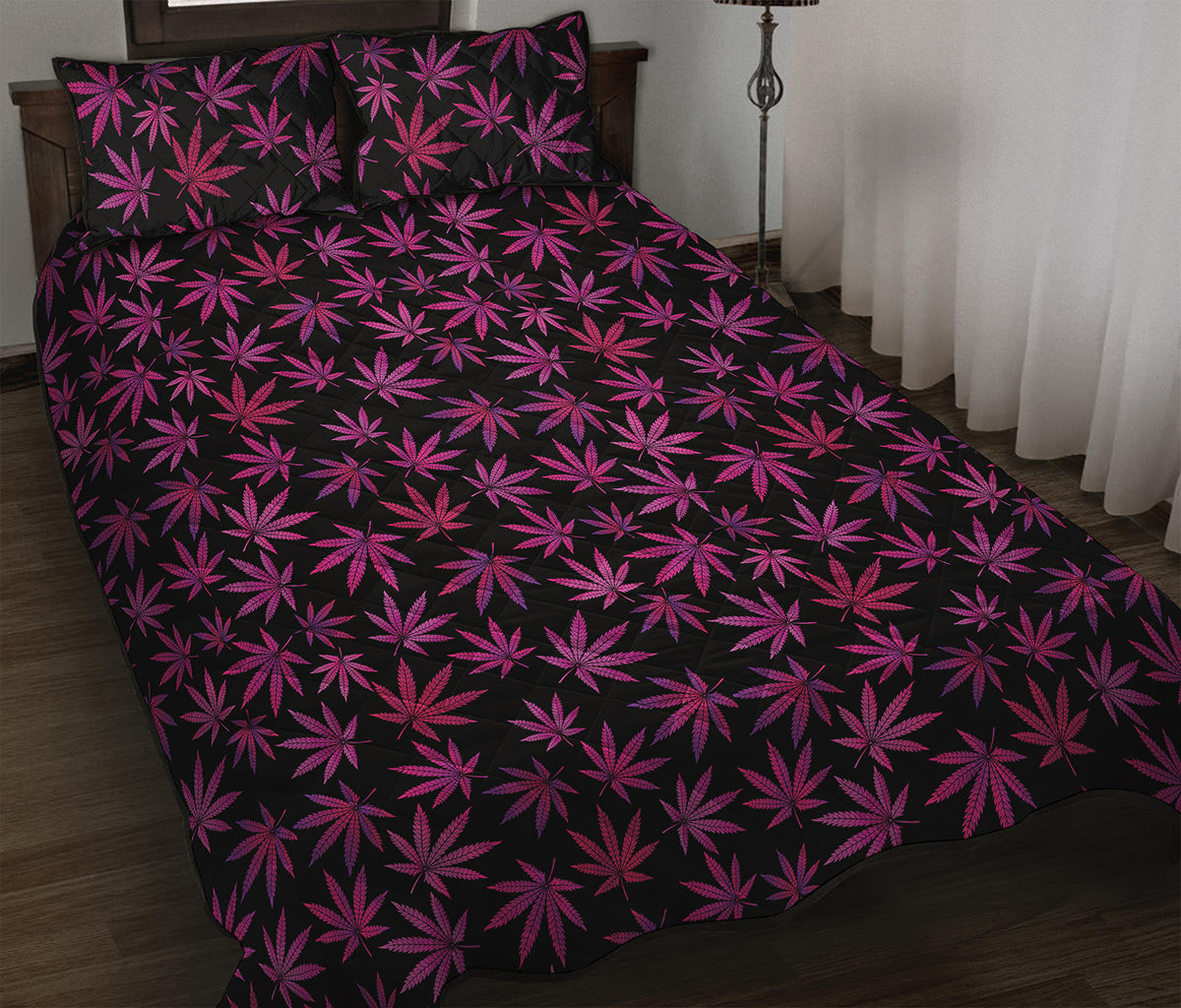 Purple Marijuana Leaf Pattern Print Quilt Bed Set