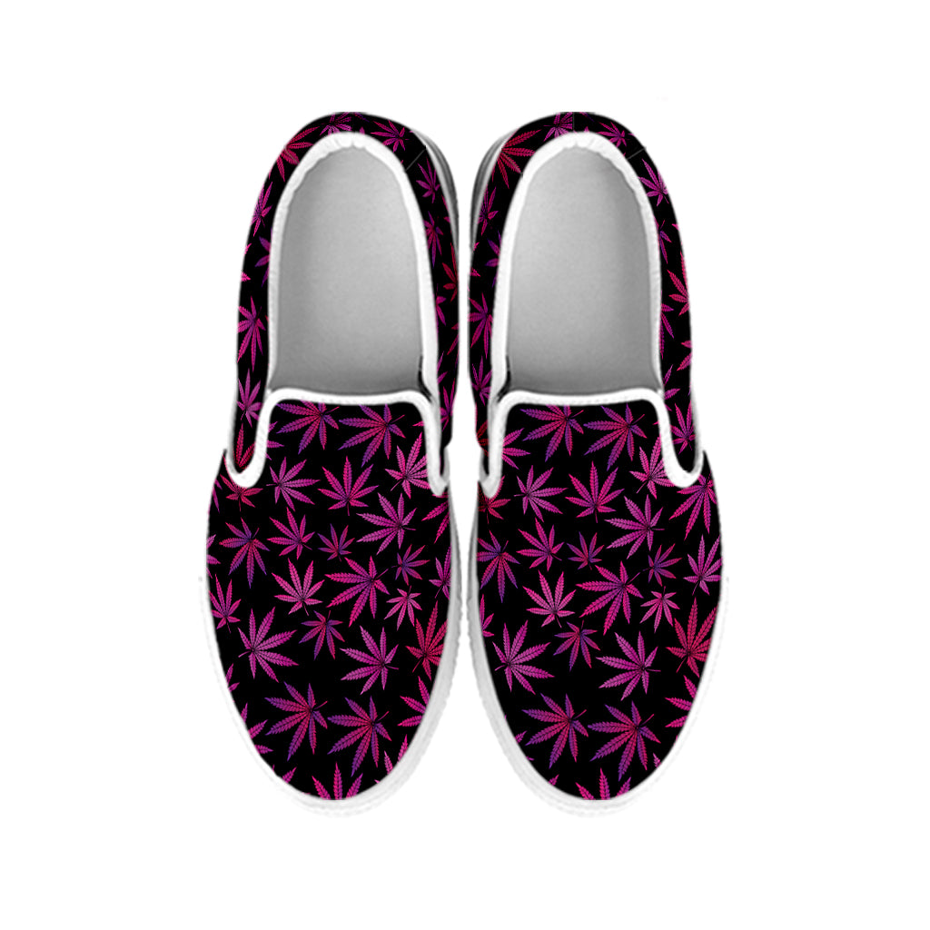 Purple Marijuana Leaf Pattern Print White Slip On Shoes