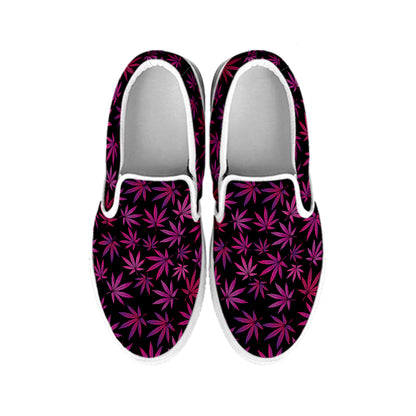 Purple Marijuana Leaf Pattern Print White Slip On Shoes