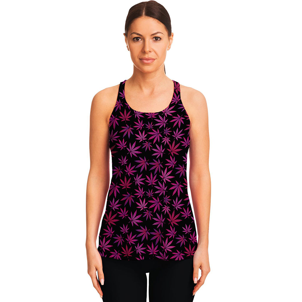 Purple Marijuana Leaf Pattern Print Women's Racerback Tank Top