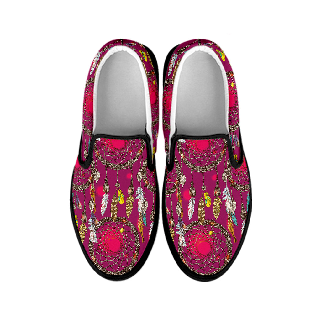 Purple Native Dream Catcher Print Black Slip On Shoes