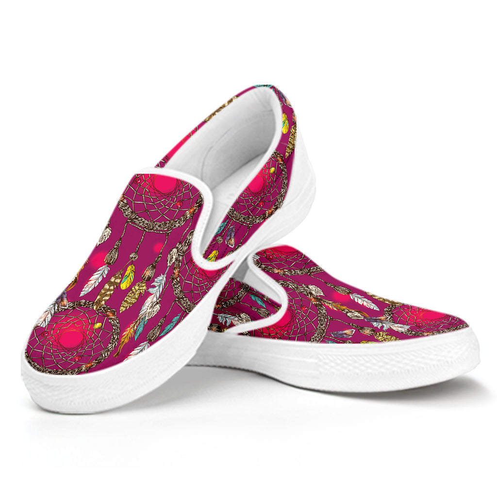 Purple Native Dream Catcher Print White Slip On Shoes