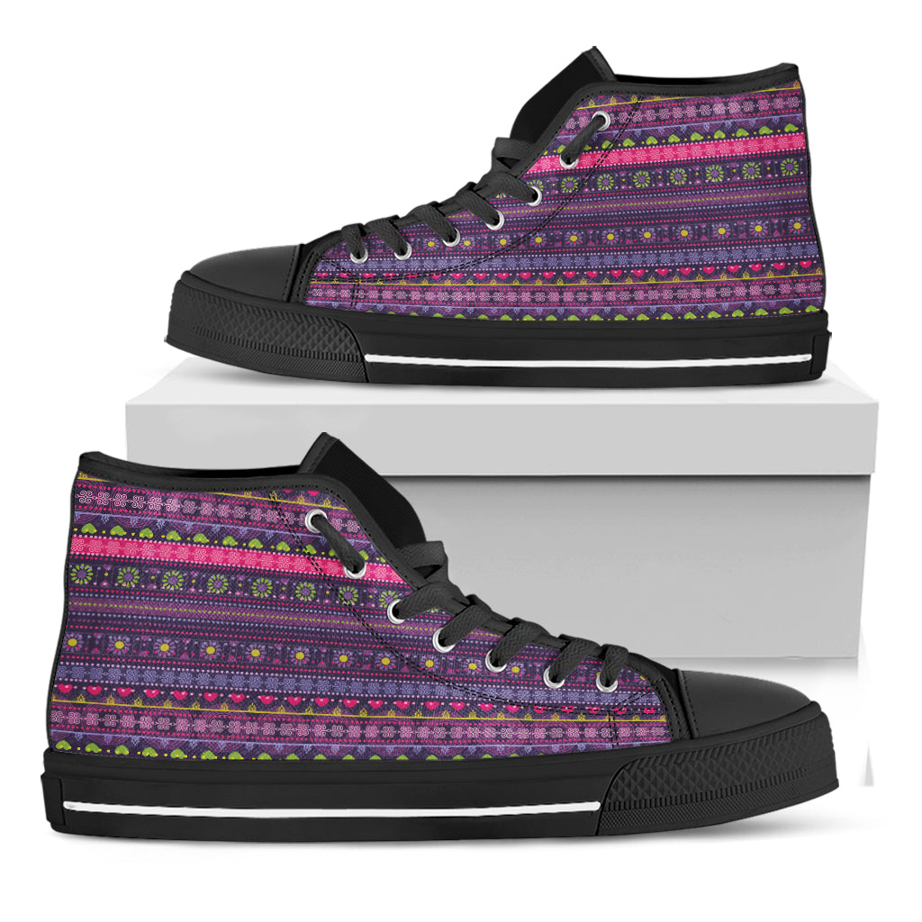 Purple Native Tribal Pattern Print Black High Top Shoes