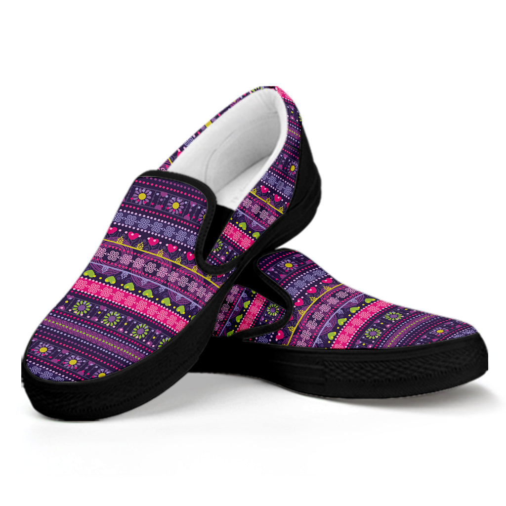 Purple Native Tribal Pattern Print Black Slip On Shoes
