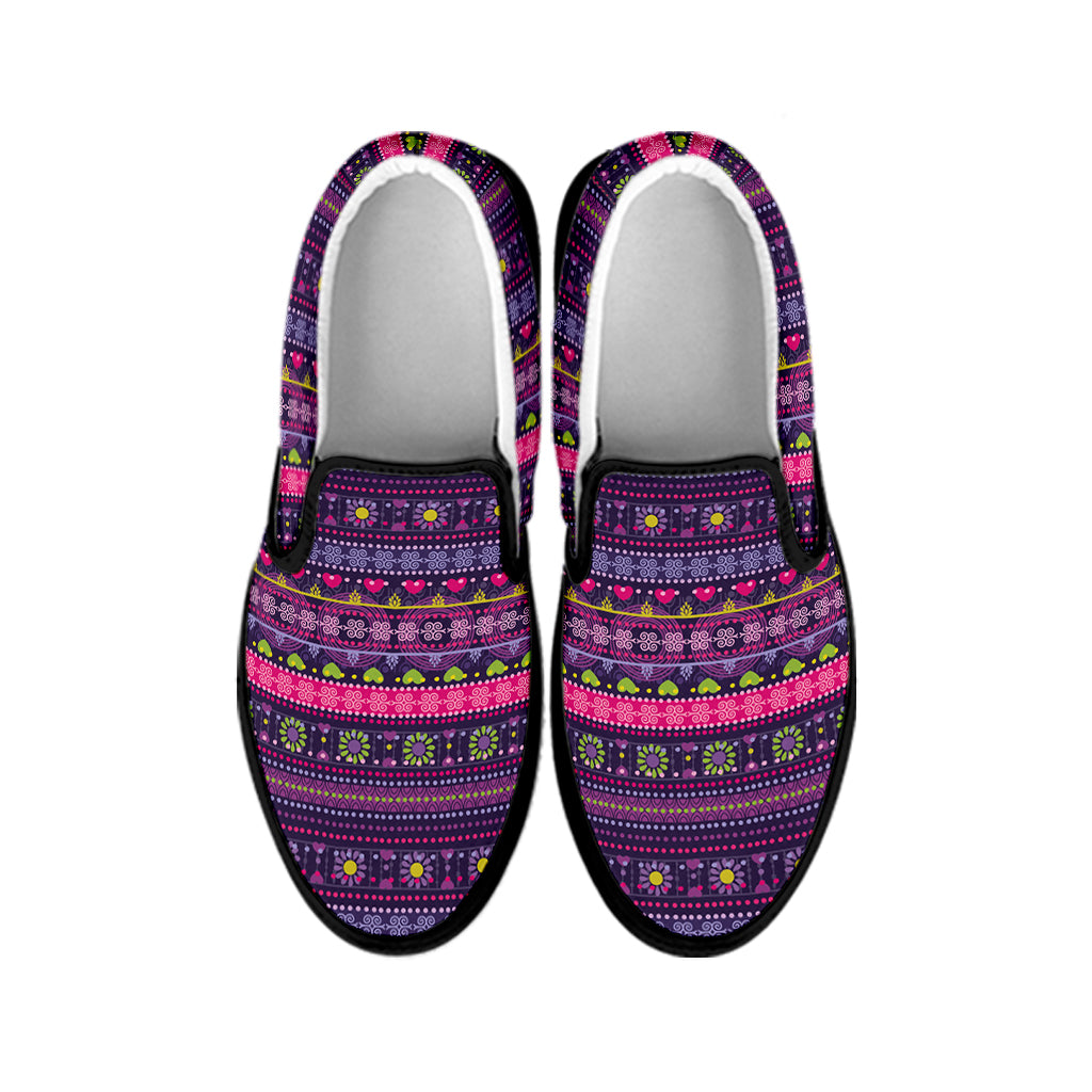 Purple Native Tribal Pattern Print Black Slip On Shoes