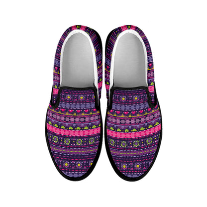 Purple Native Tribal Pattern Print Black Slip On Shoes