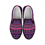 Purple Native Tribal Pattern Print Black Slip On Shoes