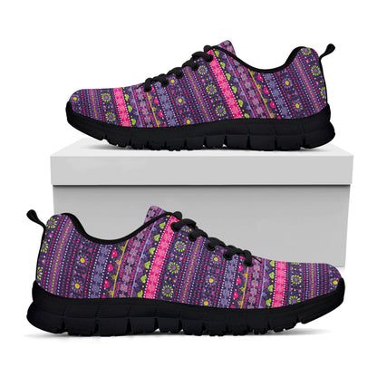 Purple Native Tribal Pattern Print Black Sneakers