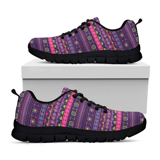 Purple Native Tribal Pattern Print Black Sneakers
