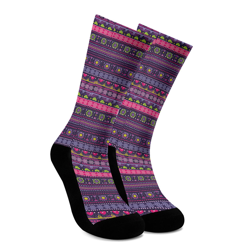 Purple Native Tribal Pattern Print Crew Socks