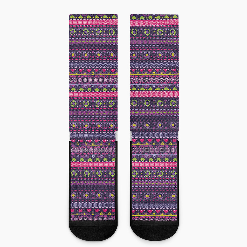 Purple Native Tribal Pattern Print Crew Socks