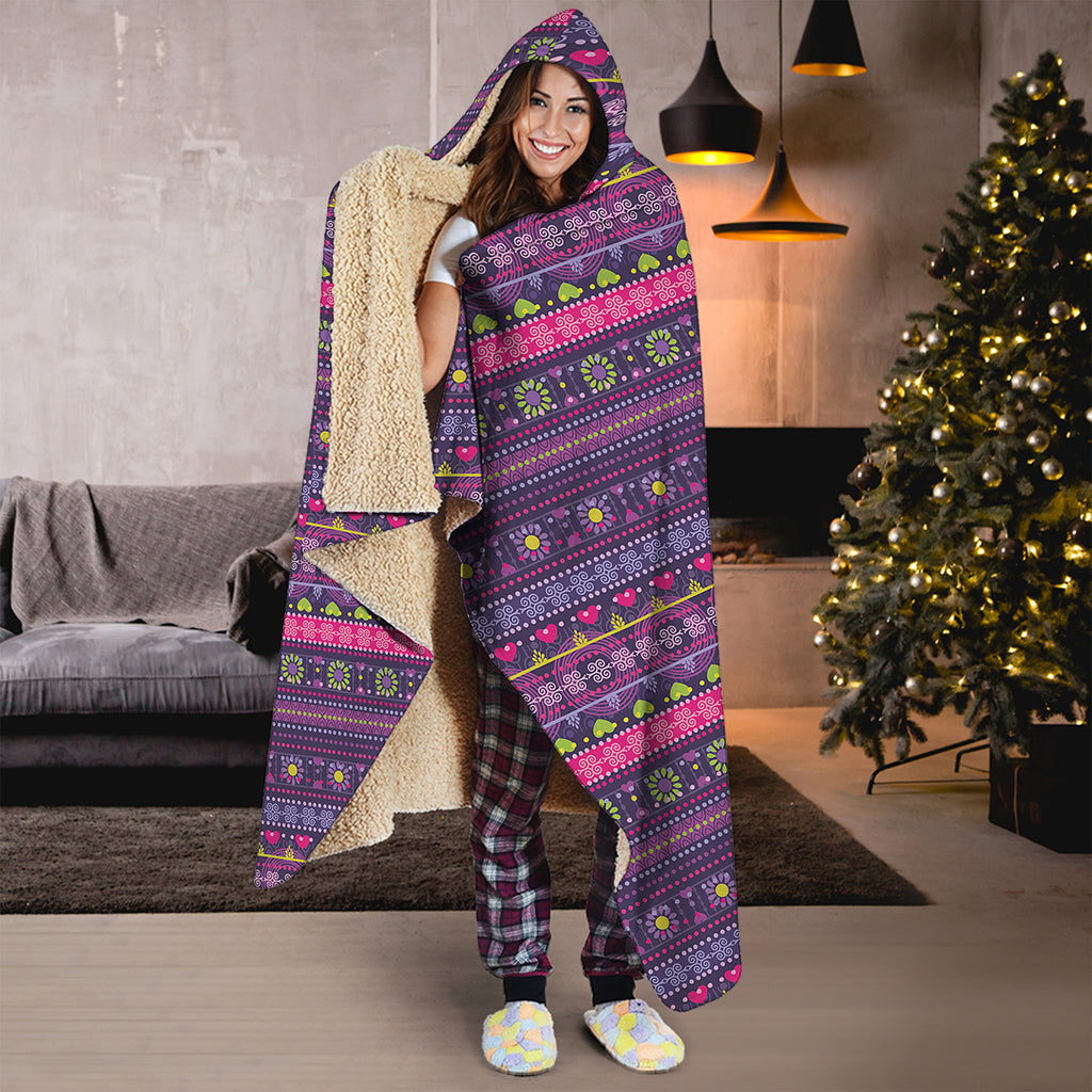 Purple Native Tribal Pattern Print Hooded Blanket