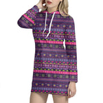 Purple Native Tribal Pattern Print Hoodie Dress