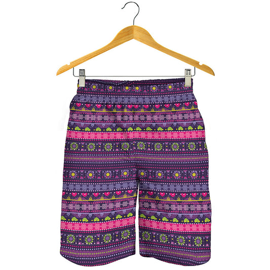 Purple Native Tribal Pattern Print Men's Shorts