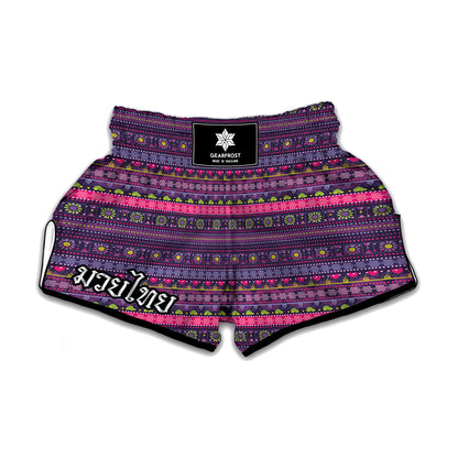 Purple Native Tribal Pattern Print Muay Thai Boxing Shorts