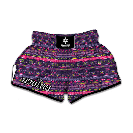 Purple Native Tribal Pattern Print Muay Thai Boxing Shorts