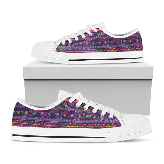 Purple Native Tribal Pattern Print White Low Top Shoes