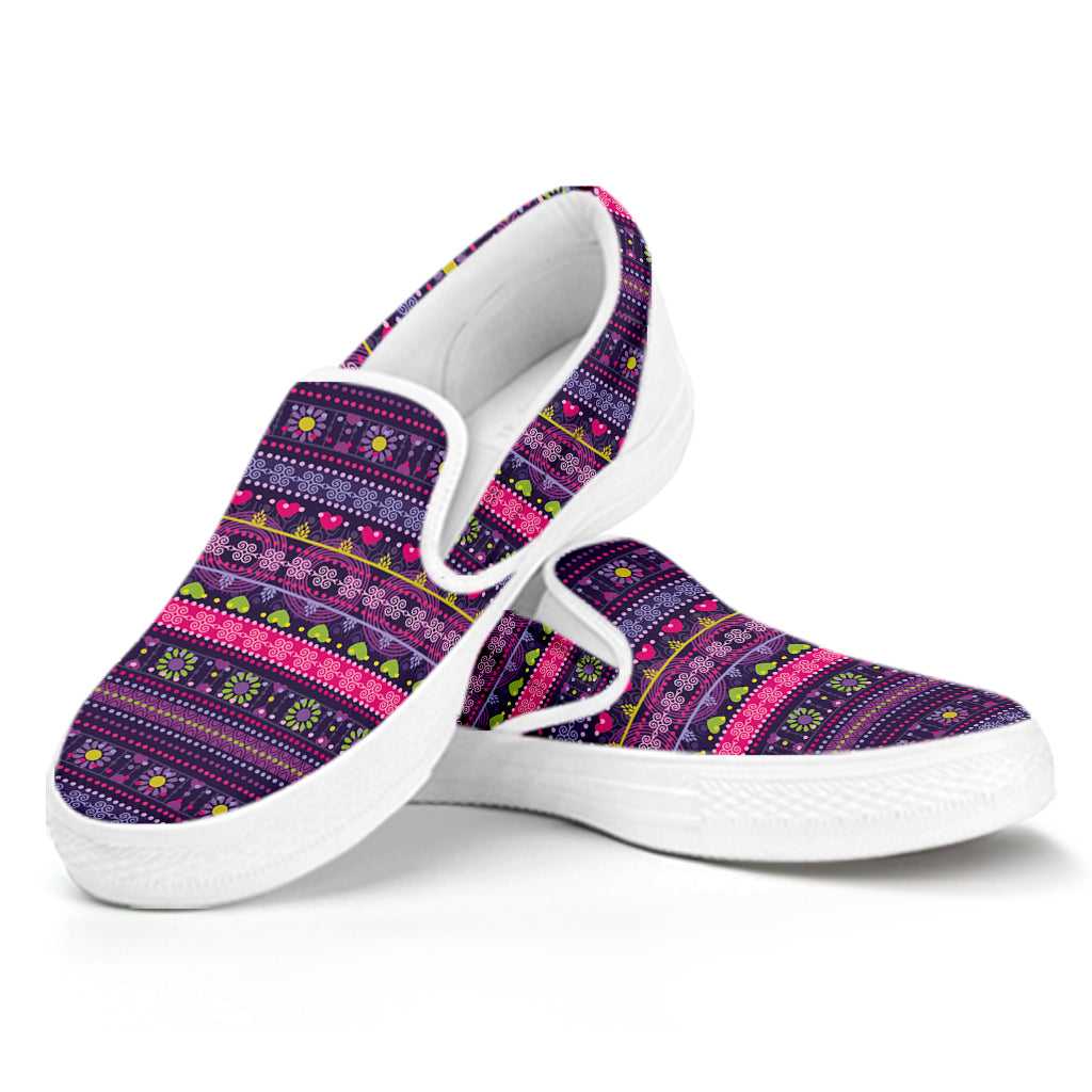 Purple Native Tribal Pattern Print White Slip On Shoes