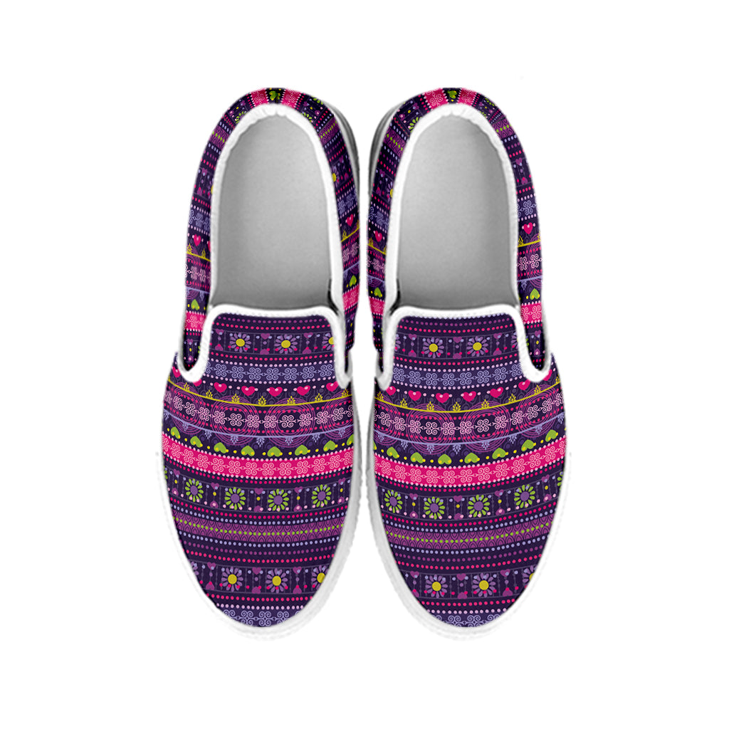 Purple Native Tribal Pattern Print White Slip On Shoes