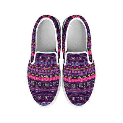 Purple Native Tribal Pattern Print White Slip On Shoes