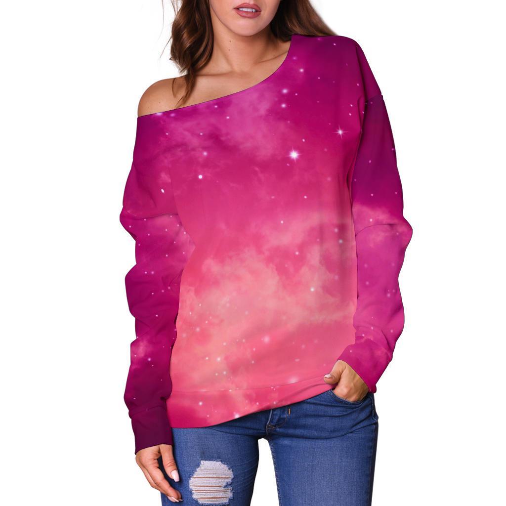 Purple Nebula Cloud Galaxy Space Print Off Shoulder Sweatshirt GearFrost