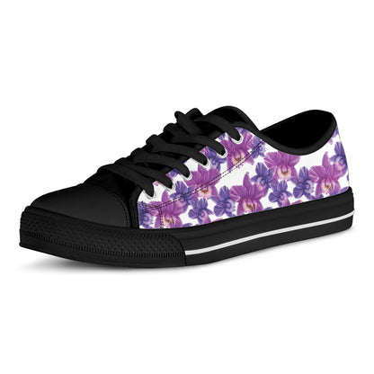 Purple Orchid Flower Pattern Print Black Low Top Shoes