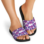 Purple Orchid Flower Pattern Print Black Slide Sandals