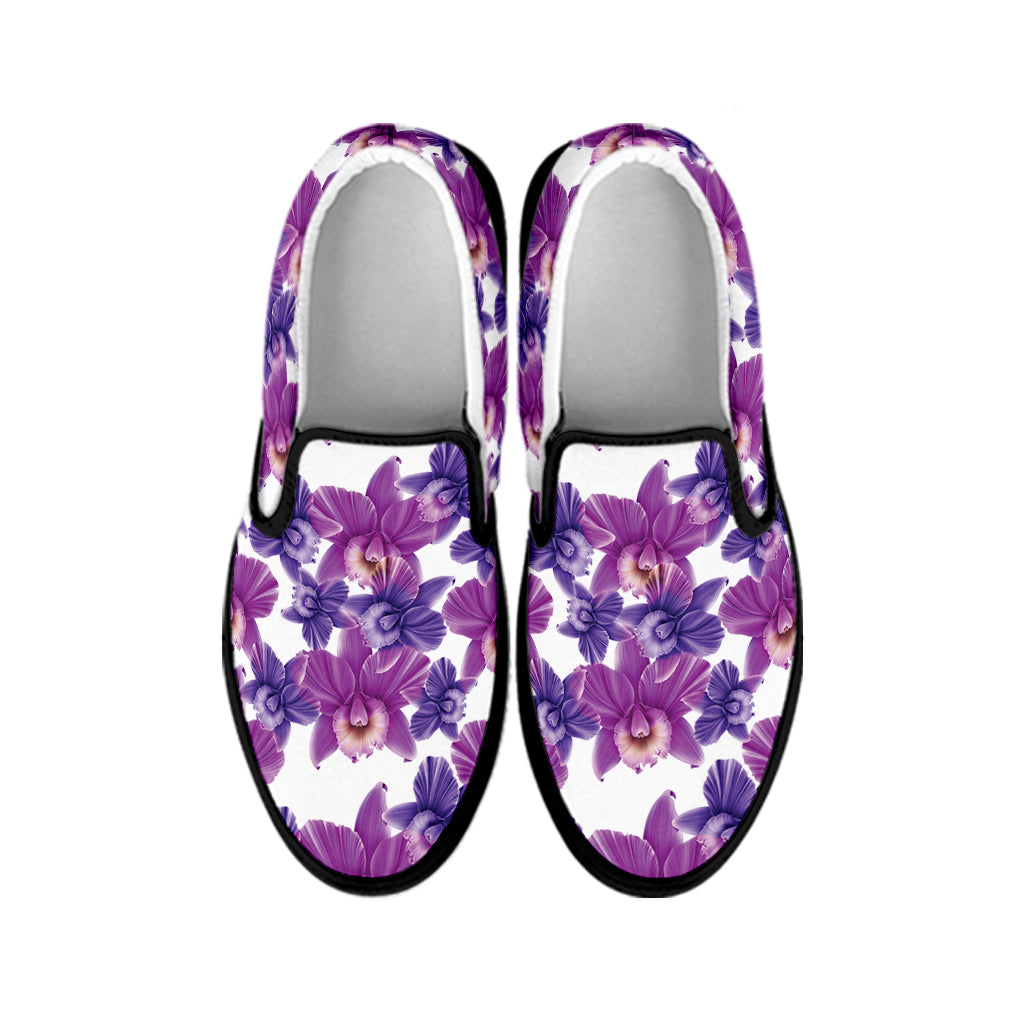 Purple Orchid Flower Pattern Print Black Slip On Shoes