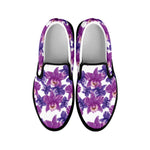 Purple Orchid Flower Pattern Print Black Slip On Shoes
