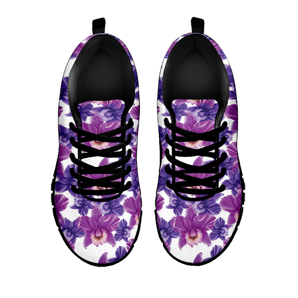 Purple Orchid Flower Pattern Print Black Sneakers