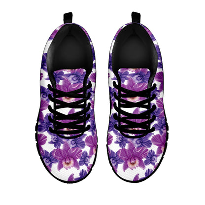 Purple Orchid Flower Pattern Print Black Sneakers