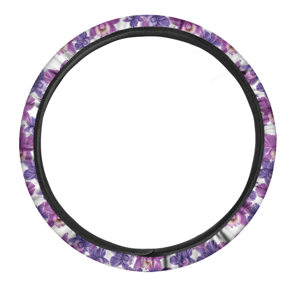 Purple Orchid Flower Pattern Print Car Steering Wheel Cover