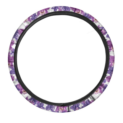 Purple Orchid Flower Pattern Print Car Steering Wheel Cover