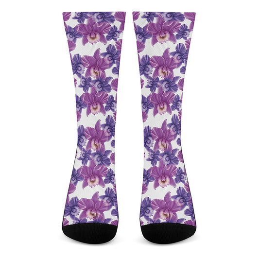 Purple Orchid Flower Pattern Print Crew Socks