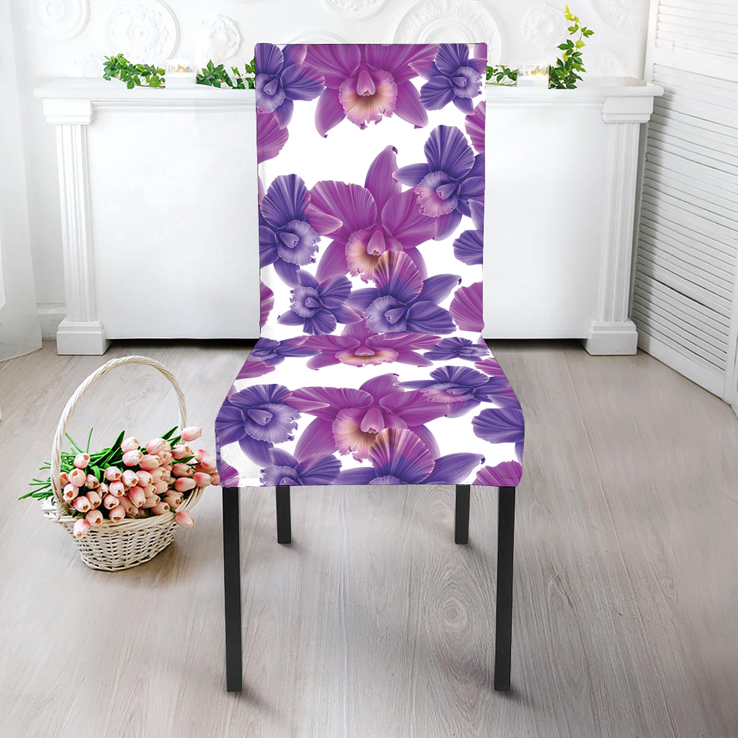 Purple Orchid Flower Pattern Print Dining Chair Slipcover