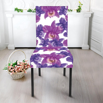 Purple Orchid Flower Pattern Print Dining Chair Slipcover