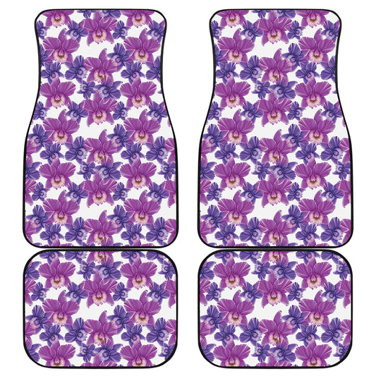 Purple Orchid Flower Pattern Print Front and Back Car Floor Mats
