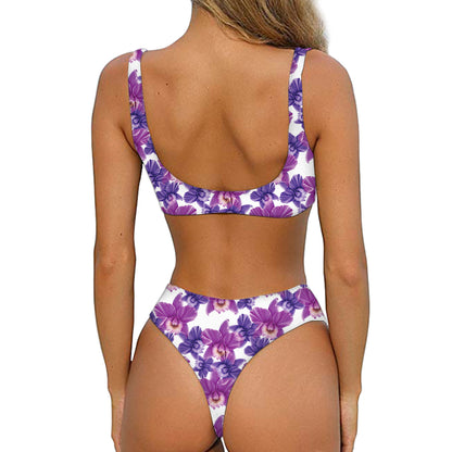 Purple Orchid Flower Pattern Print Front Bow Tie Bikini