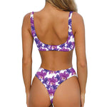 Purple Orchid Flower Pattern Print Front Bow Tie Bikini